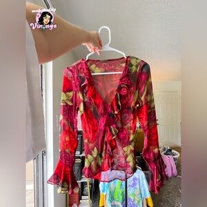 Sheer Floral Ruffle Top - Red Rose Print